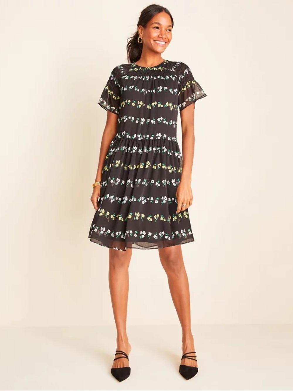 Ann Taylor Black Mini Dress with Yellow & Light Blue Floral Rows